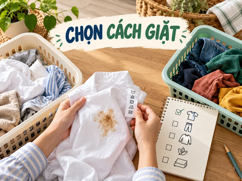 Hai giỏ quần áo và người dùng kiểm nhãn vải trước khi giặt