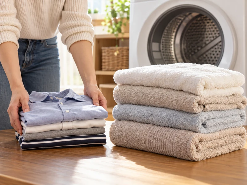 Hai chồng quần áo và khăn có khối lượng khác nhau cạnh máy sấy