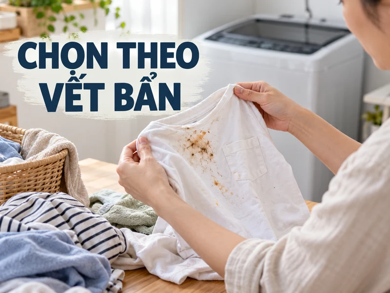 Người dùng xem vết bẩn trên áo trước khi phân loại đồ giặt