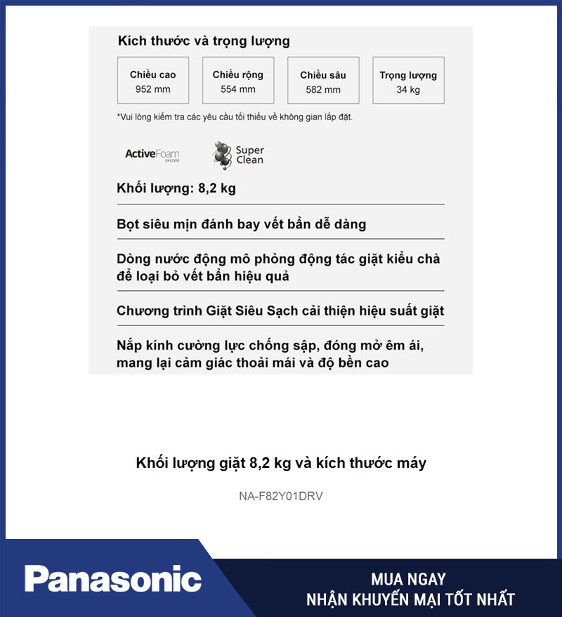 Khối lượng giặt 8,2 kg và kích thước máy