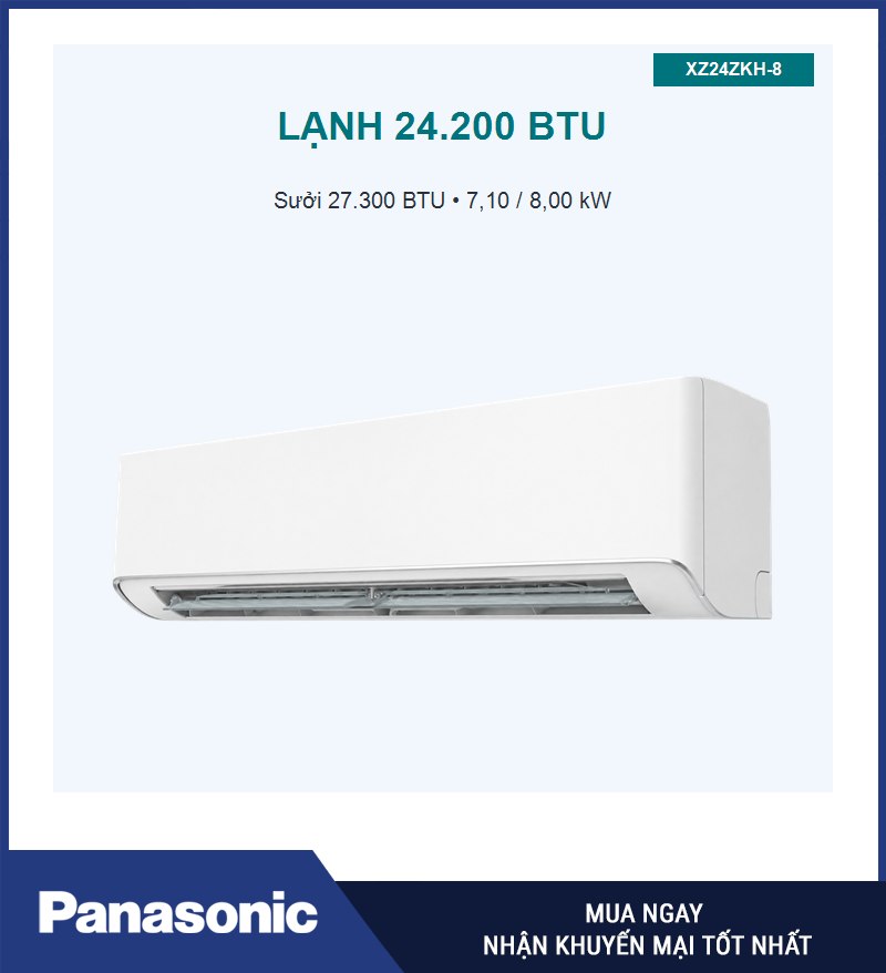XZ24ZKH-8 có công suất lạnh 24.200 BTU và sưởi 27.300 BTU.