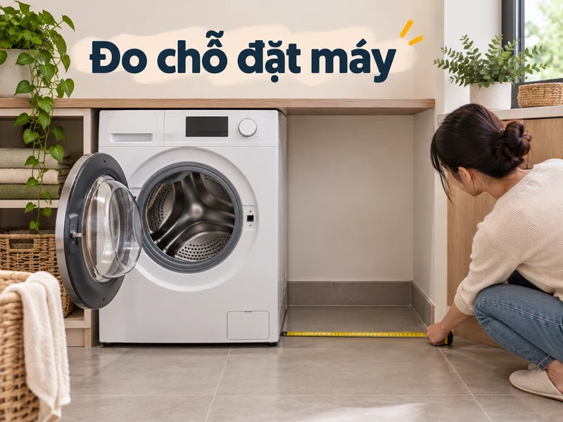 Người đo khoảng trống cạnh máy giặt cửa trước trong khu giặt