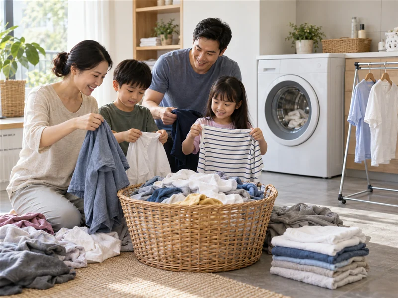 Gia đình phân loại quần áo để chọn tải giặt và nhu cầu sấy phù hợp