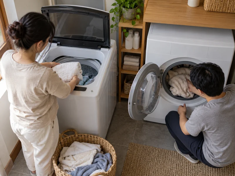 Hai người nạp khăn vào máy giặt cửa trên và cửa trước