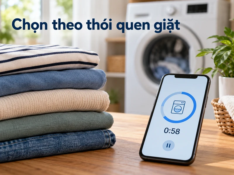 Điện thoại với đồng hồ giặt chung cạnh quần áo đã gấp và máy giặt cửa trước