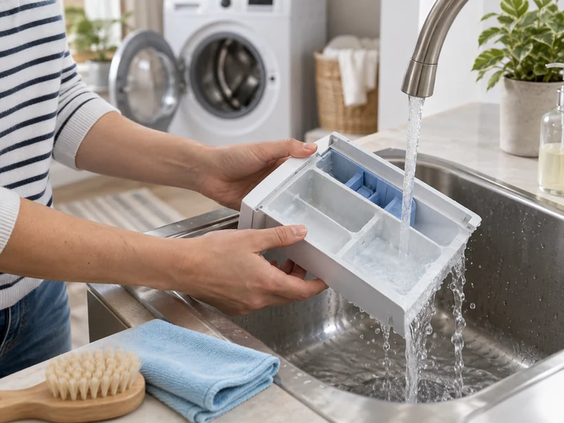 Rửa ngăn nước giặt tháo rời dưới vòi nước